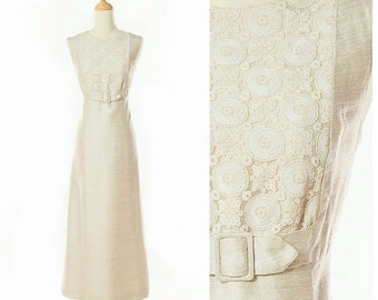 1960s Silk Ivory Column Gown with Embroidered Lace by Gurelli