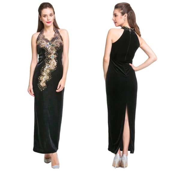 Early 1980s Black Velvet Gown with Sequin and Gold