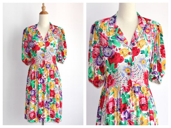 1970s does 1940s Floral Crinkled Gauze Cotton Shir