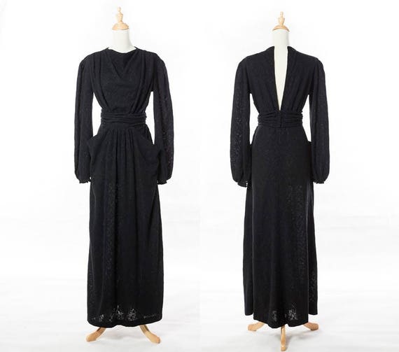 1930s Black Art Deco Bias Cut Gown in Floral Textu