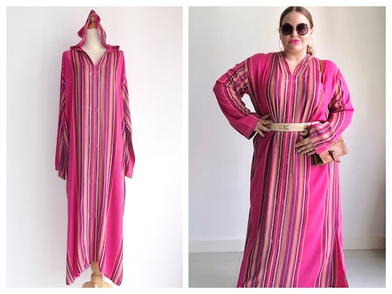 1970s Hot Pink Multi-Color Striped Hooded Cotton K