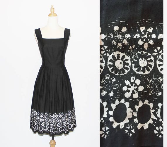 Early 1960s Black Cotton Summer Swing Dress with b