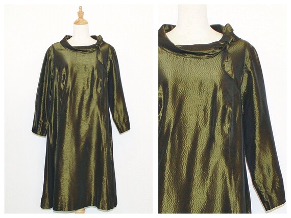 1950s Olive Green Metallic Moiré Trapeze Dress