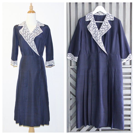1940s Midnight Blue Silk Wartime Day Dress with Wh