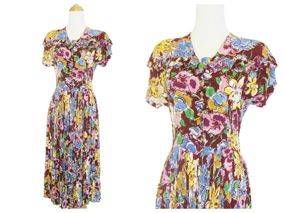 1930s Artistic Paint-Brushed Floral Rayon Crepe Ru