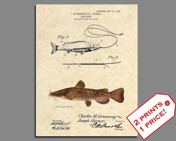 Official Fishing Lure US Patent Art Print Antique Flathead Catfish Fish 382