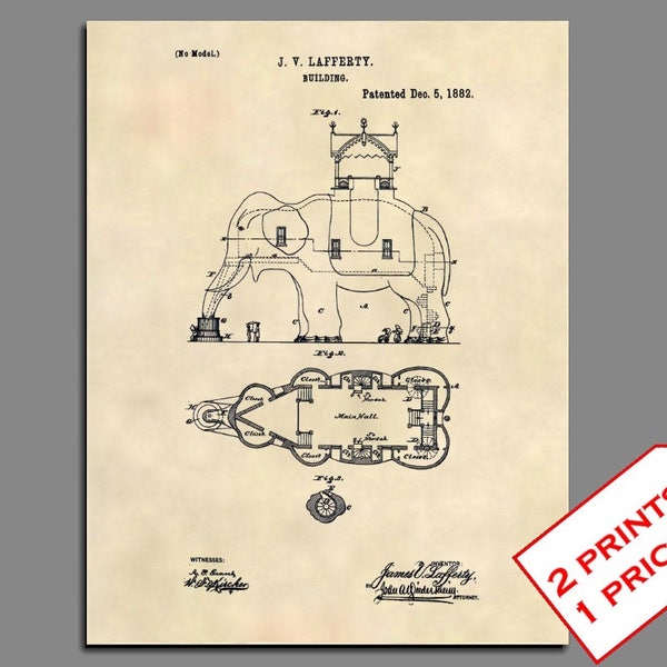 Patent Prints - Lucy The Elephant Building US Patent Art - Vintage Atlantic City Patent Poster - Wall Art Decor - Patent Print - 309