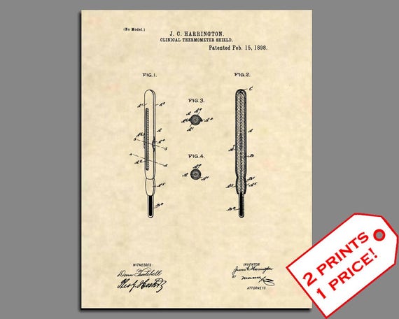 Vintage Antique Nurse Doctor 219 Official 1898 Thermometer US Patent Art Print