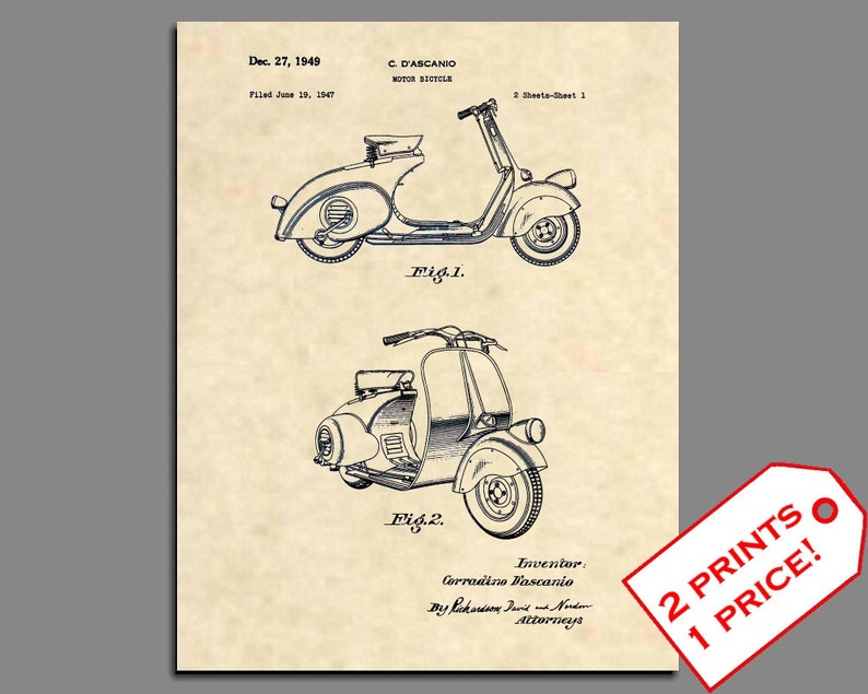 Patent Prints Vespa 125cc Scooter Patent Art Vintage Vespa 125 Motorbike Patent Print Motorbike Patent Poster Wall Art Prints 310 image 1