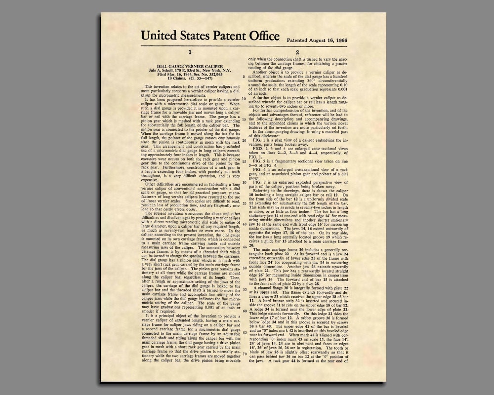 Patent Print Dial Caliper Patent Art Vintage Engineer Etsy