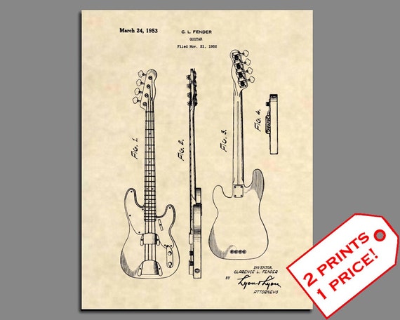 Ready To Be Framed! Patent Print Epiphone /"Scroll/" Bass Music Art
