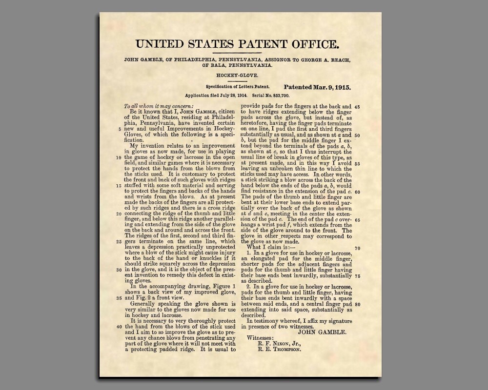 Ice Hockey Wall Art Ice Hockey Gloves Patent Prints - Etsy