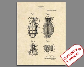 Patent Prints - Hand Grenade Army Poster Patent Art - Vintage Veteran Poster WWII Print Patent Poster - Marine Poster Patnet Print - 100