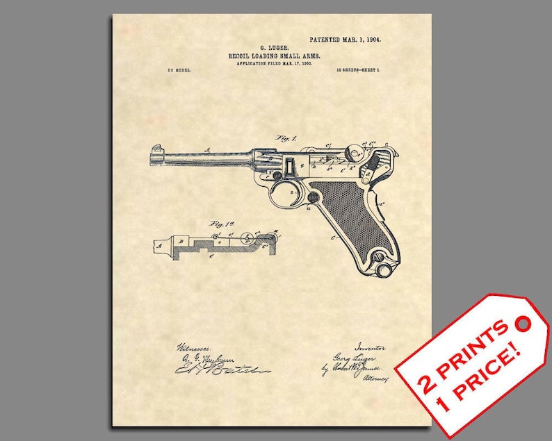 Patent Prints Luger Pistol Hand Gun Patent Art Vintage Etsy