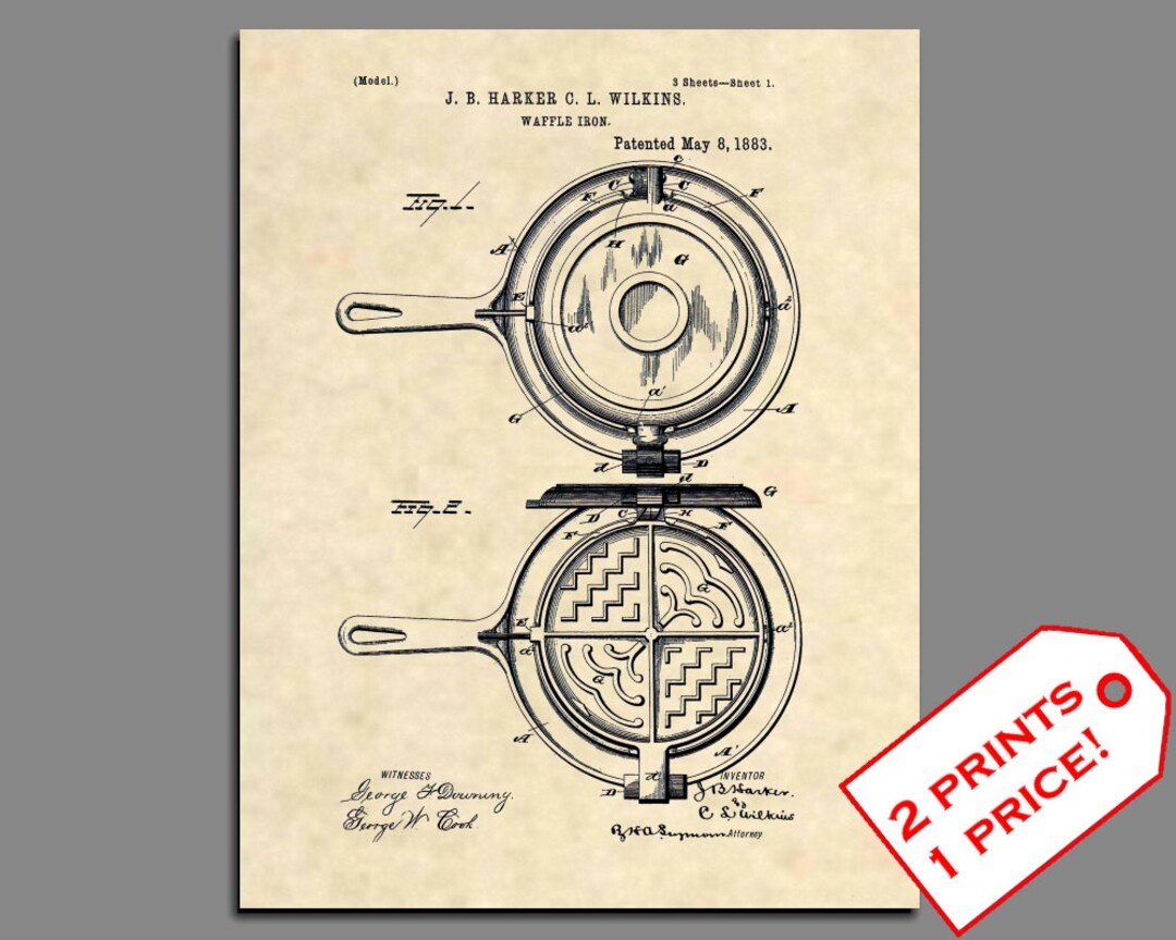 Grabados de patentes barquillero patente Vintage Waffle Maker cocina