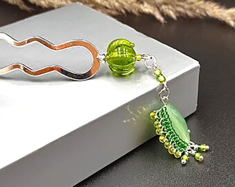 Metal Hair Fork: Green Lampwork Bead Bun Holder