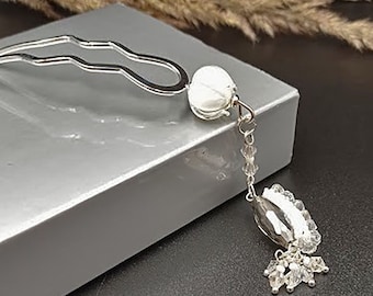 Metal Hair Fork: White Flower Bud, Braided Bead Pendant