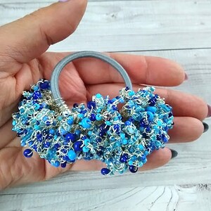 Blue beaded hair scrunchies fringe Ponytail holder Christmas scrunchies 13th birthday girl 10th birthday girl