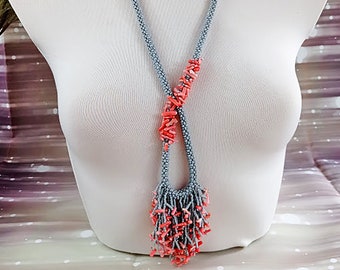 Lariat necklace with long fringe pendant Coral necklace Handmade jewelry Long boho necklace