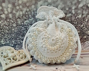 First communion purse Drawstring pouch White crochet bag 1st communion gifts for girls