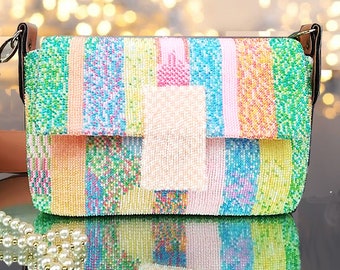 Small crossbody bag Beaded purse Bridesmaid clutch 30th birthday gift for women Multicolor beaded handbag with flap Mother of the bride bag
