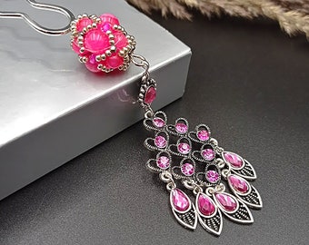 Handmade Hair Fork: Metal Hair Pin with Rhinestone Pendant