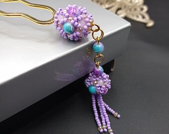 Handmade Beaded Metal Hair Fork: Long Hair Bun Holder