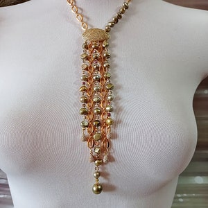 Lariat necklace gold pearl freshwater with large pendant Bohemian gold chain necklace 30th wedding anniversary gift Homemade Jewelry