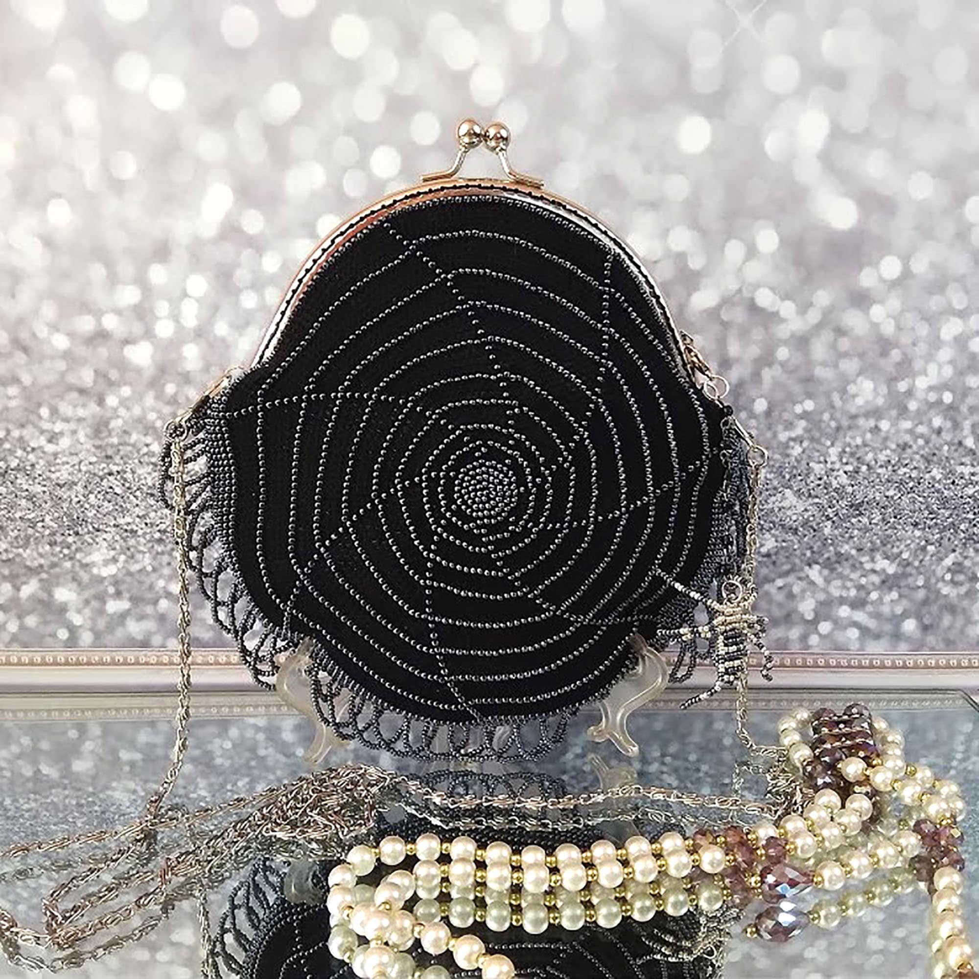 Goth Beaded Spiderweb Purse: Black Fringe Crossbody Bag