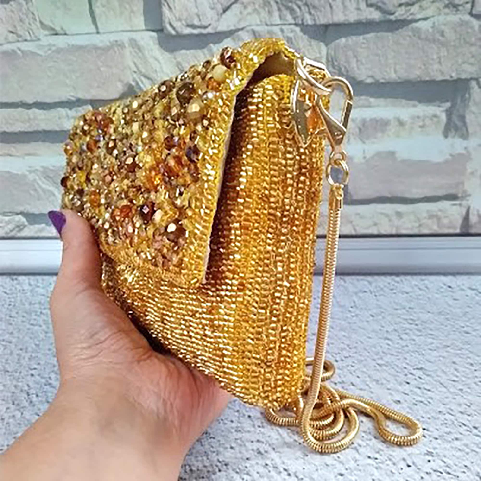 ゴールドビーズクラッチ：刺繍入りイブニングバッグ、ウェディング