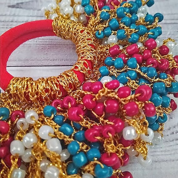 Crochet Beaded Hair Scrunchie: Boho Ponytail Holder - Etsy