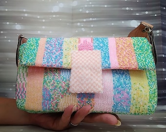 Beaded Crossbody Bag, Multicolor Y2K Clutch