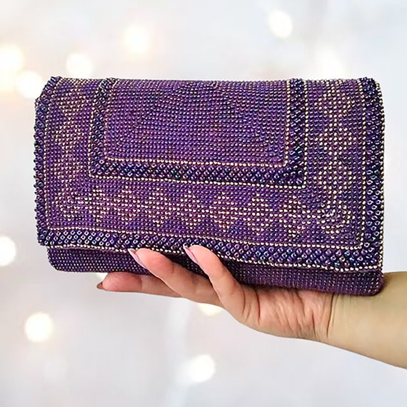 Borsa Sera Donna SHOFUL - Pochette Ricamo Floreale Paillettes Viola Per Matrimoni E Feste