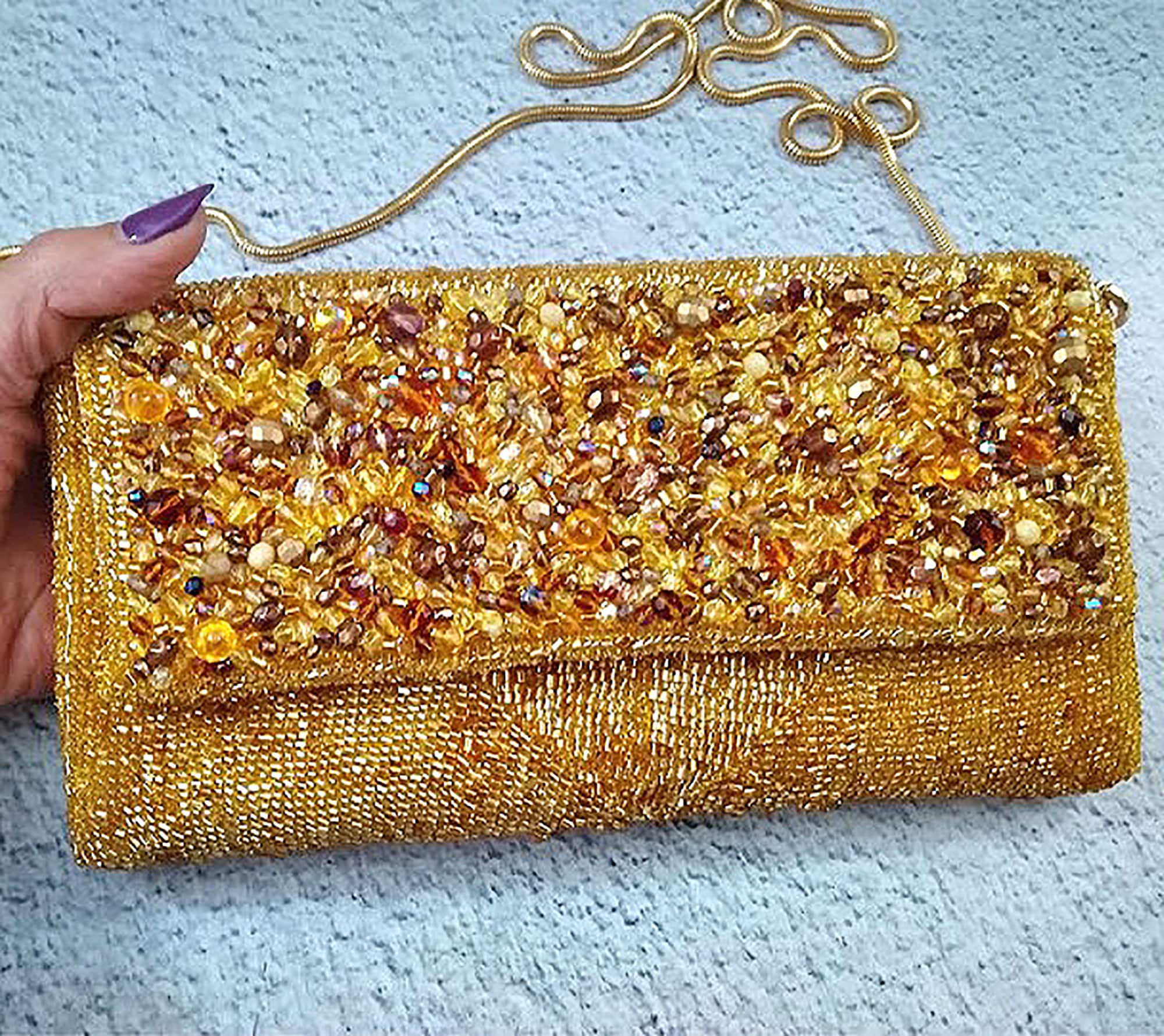 ゴールドビーズクラッチ：刺繍入りイブニングバッグ、ウェディング