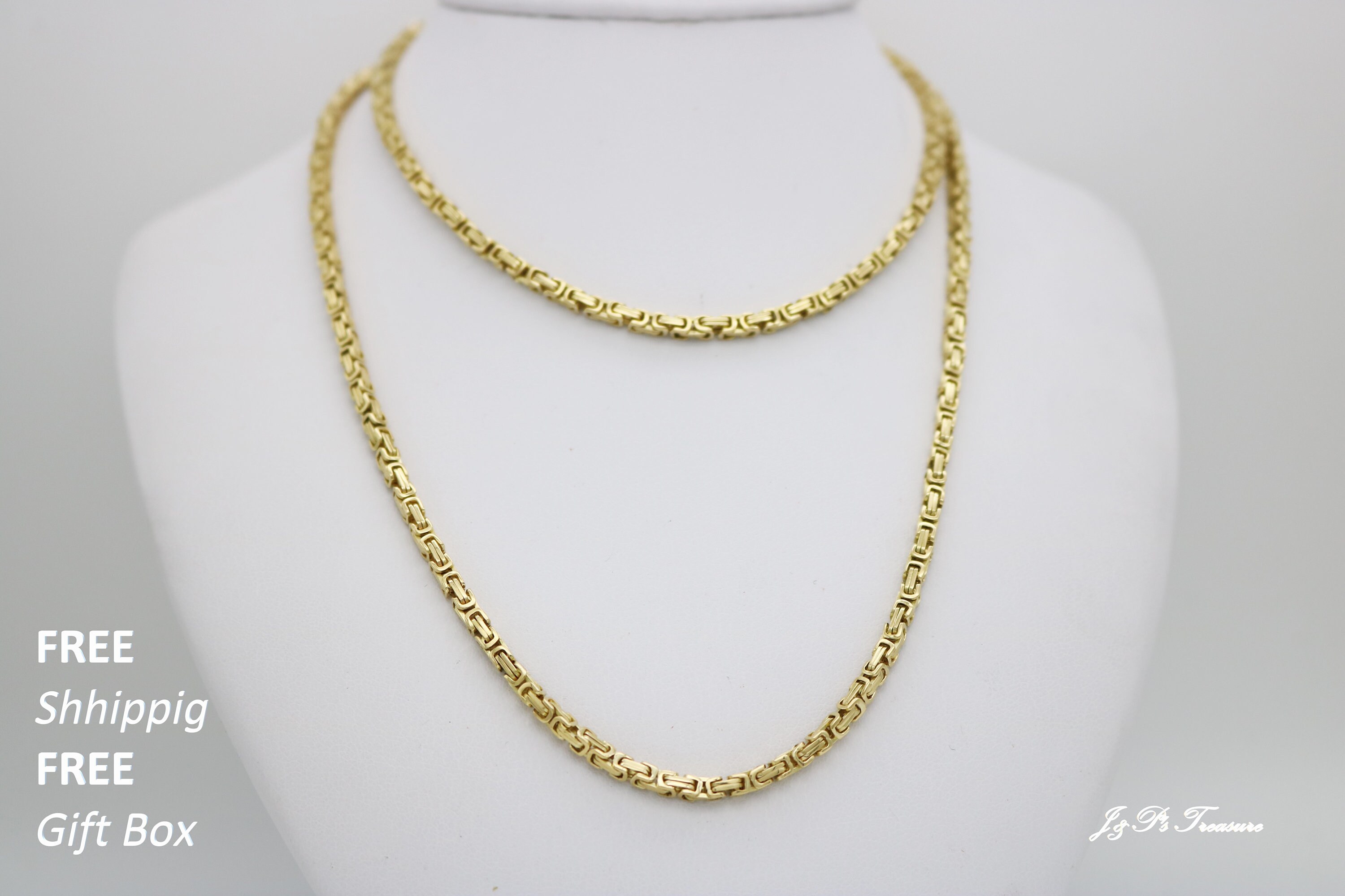 Damen 14K Gelbgold Solide 2mm Byzantiner Kiste Link Kette