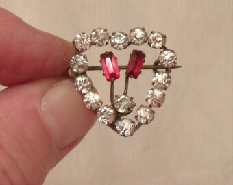 Stunning Edwardian Gold, Pink & Clear Rhinestone Heart Shaped Pin C.1900