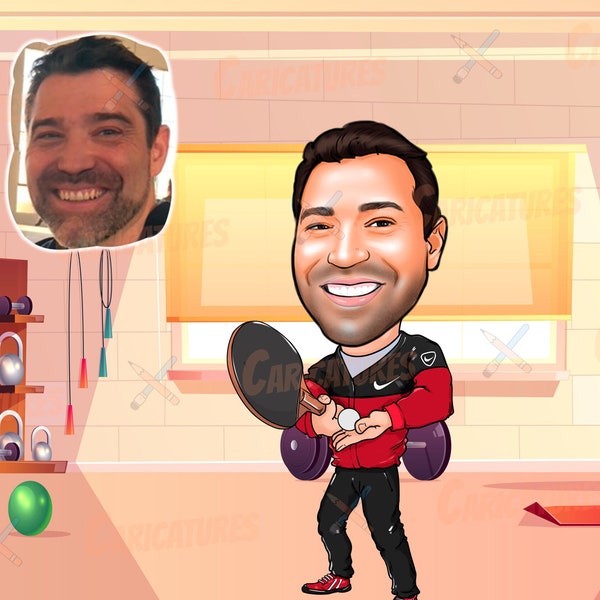 Ping Pong Spieler Geschenk - Benutzerdefinierte Karikatur Zeichnung von Ihrem Foto, Ping Pong Trainer Geschenke, Geschenke für Tennisspieler