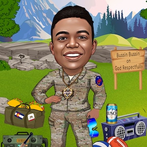 May include: Cartoon illustration of a person in a U.S. Air Force uniform, with a sign that reads "Bussin Bussin on God Respectfully." The image includes a duffel bag with tacos, a baseball bat, a radio, and sports equipment.