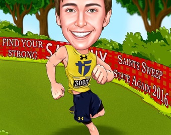 Runner Gift - Custom Cartoon Portrait from your Photo, Running gifts, gift for runner, marathon runner gifts