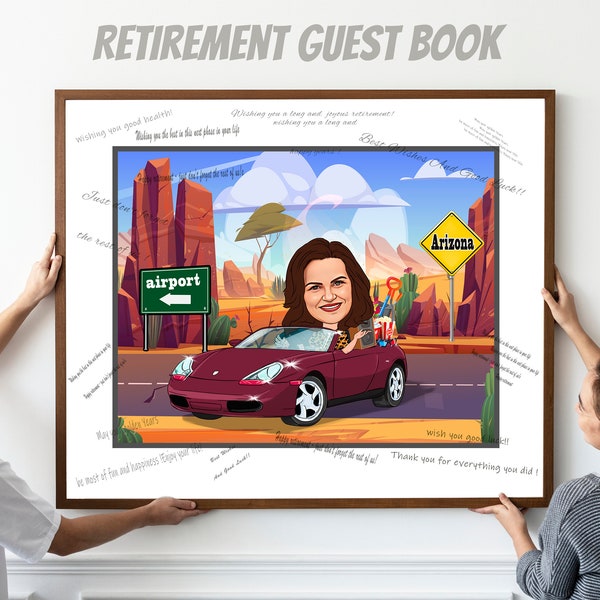 Retirement Guest Book - Cartoon Caricature from Photo, custom guestbook with retirement wishes