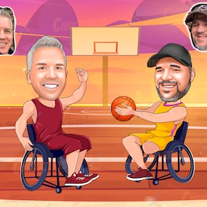 May include: Two cartoon men in wheelchairs playing basketball on a court. One man is wearing a red jersey and the other is wearing a yellow jersey. The man in the red jersey is holding a basketball.