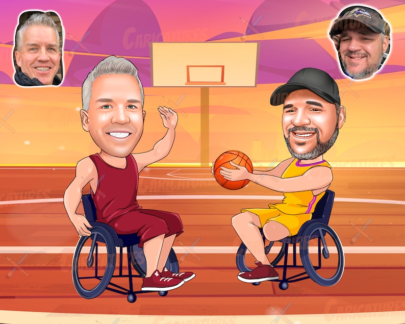 May include: Two cartoon men in wheelchairs playing basketball on a court. One man is wearing a red jersey and the other is wearing a yellow jersey. The man in the red jersey is holding a basketball.