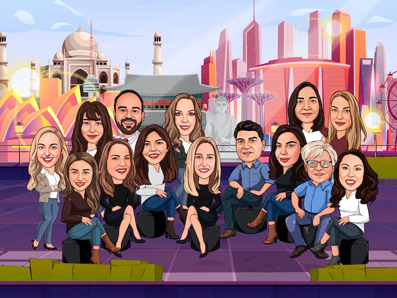 May include: A group caricature portrait of people, set against a backdrop of global landmarks. The cartoon-style illustration features individuals in various outfits, seated on black stools. The background includes the Taj Mahal, a pagoda, and a cityscape.