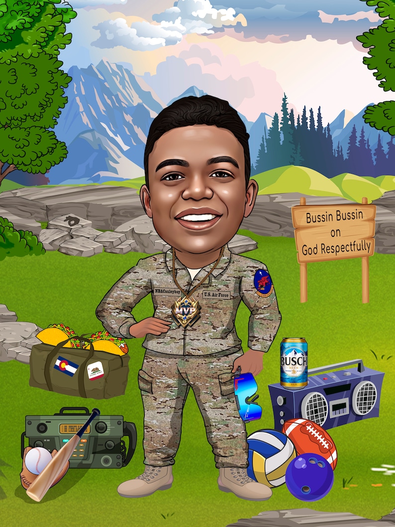 May include: Cartoon illustration of a person in a U.S. Air Force uniform, with a sign that reads "Bussin Bussin on God Respectfully." The image includes a duffel bag with tacos, a baseball bat, a radio, and sports equipment.
