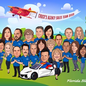 May include: Cartoon illustration of a group of people in blue shirts, with a red airplane and a white car. Text reads "Chuck's Agency Sales Team 2025" and "Florida Blue". The image has a cartoon style.
