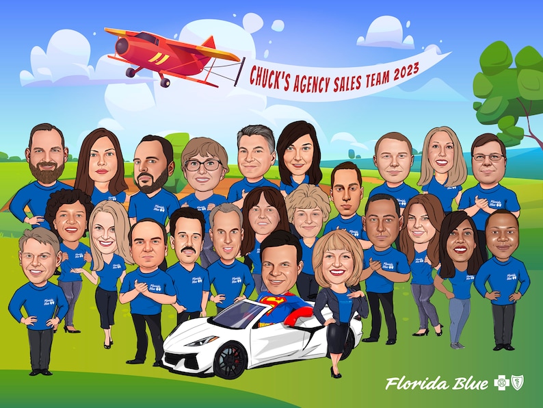 May include: Cartoon illustration of a group of people in blue shirts, with a red airplane and a white car. Text reads "Chuck's Agency Sales Team 2025" and "Florida Blue". The image has a cartoon style.