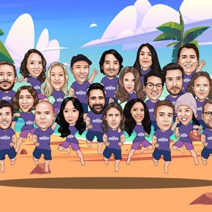 May include: A cartoon illustration of a group of people running on a beach. They are wearing purple t-shirts and blue shorts. The t-shirts have the word "webflow" printed on them. The background features a blue sky, palm trees, and sand.