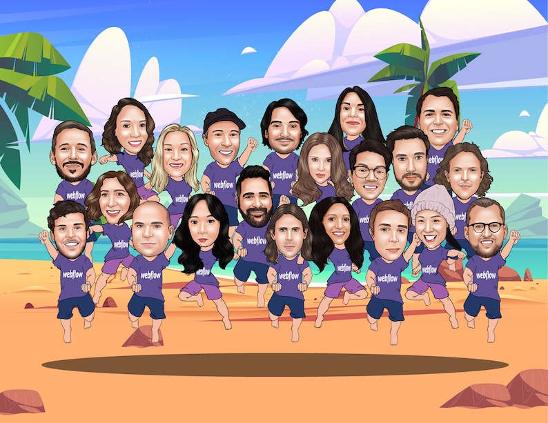 May include: A cartoon illustration of a group of people running on a beach. They are wearing purple t-shirts and blue shorts. The t-shirts have the word "webflow" printed on them. The background features a blue sky, palm trees, and sand.