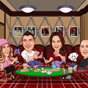 May include: Four people sitting around a green felt table playing cards. The table has chips, cards, and drinks on it. The people are wearing casual clothing and smiling. The background is a brown room with a red and white checkered floor.