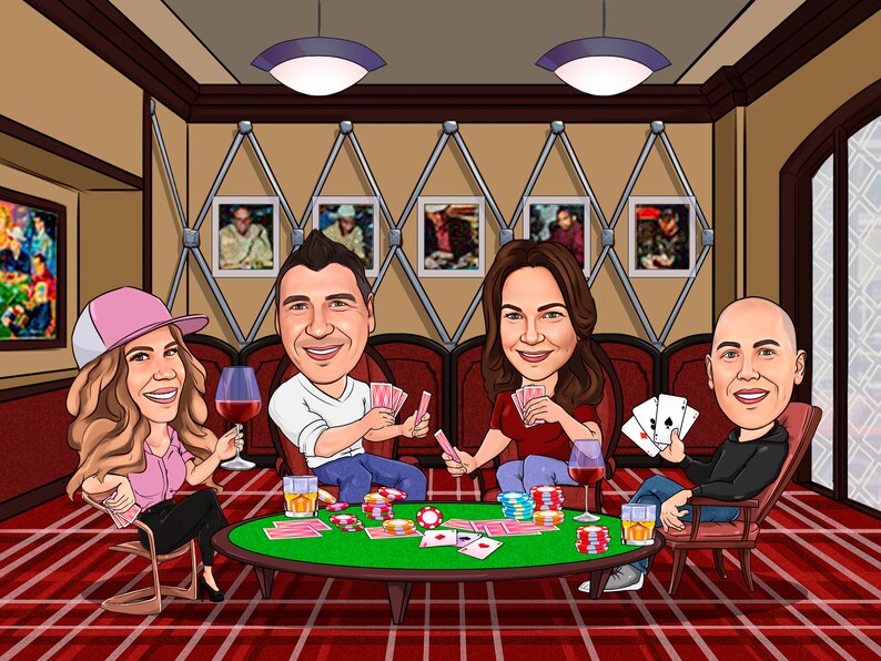 May include: Four people sitting around a green felt table playing cards. The table has chips, cards, and drinks on it. The people are wearing casual clothing and smiling. The background is a brown room with a red and white checkered floor.